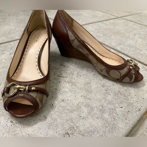Coach Tan and Brown Peep-Toe Wedges